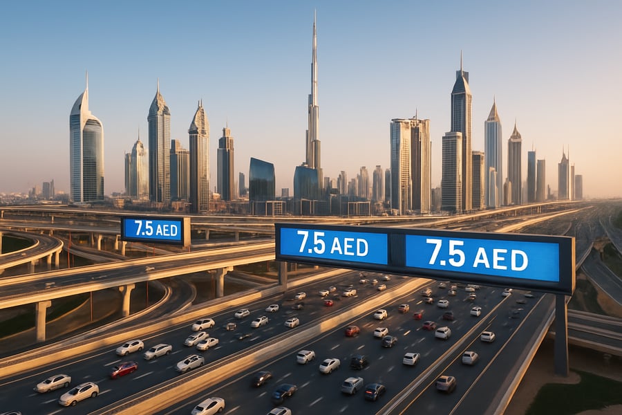 Dubai skyline with busy highways and digital toll gates